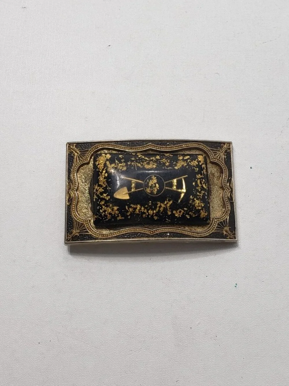 Vintage Gold Tone Black Mining Prospector Pick Shovel Western Belt Buckle
